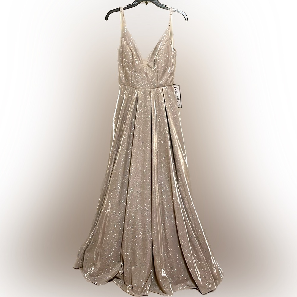 B Darlin Long Dress, Juniors' Glitter Mesh Rose color